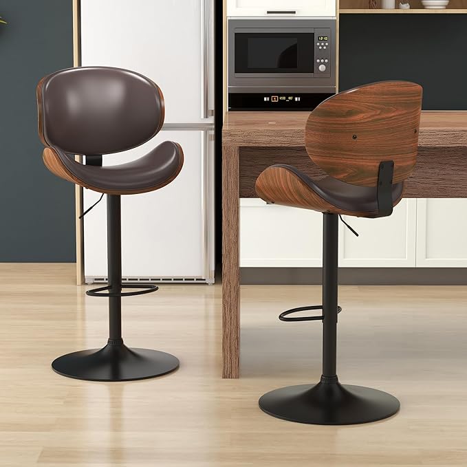KCC Bar Stools Set of 2, Swivel Adjustable Height Barstools, PU Leather Upholstered Bar Chairs with Footrest, Bentwood Bar Stool for Kitchen, Bar, Dining Room(Brown PU)