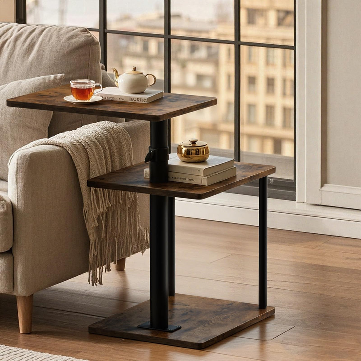 Faesun 360° Swivel Side Table for Height Adjustable, C Shaped End Table for Couch with Storage, 3-Tier Night Stand with Open Shelf, Tv Tray for Small Spaces, Living Room, Bedroom, Rustic Brown
