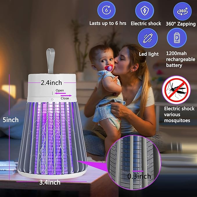 Bug Zapper Outdoor,Electric Mosquito Zapper Portable Camp Mosquito Killer,Rechargeable Indoor Fly Zapper,Electric Fly Zapper,Fly Traps,Flying Insects Zapper Indoor Outdoor (Grey)