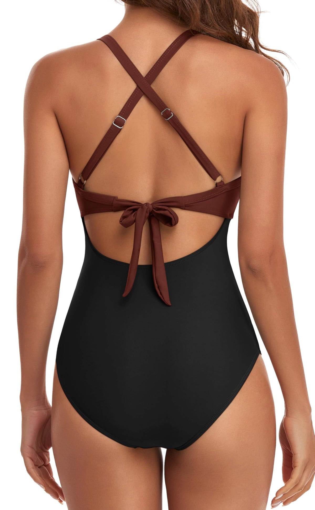 Eomenie Women's One Piece Swimsuits Tummy Control Cutout High Waisted Bathing Suit Wrap Tie Back 1 Piece Swimsuit Caramel, Black