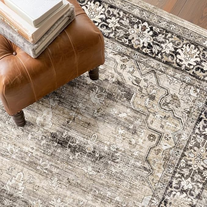Gray Brown 5x7 Area Rugs for Living Room Washable Low Pile Soft Faux Fur Vintage Boho Carpet Rug Non Slip Sound Absorbing Geometric Floral Rug for Bedroom Office Patio Dining Room Kids Room,Hazel