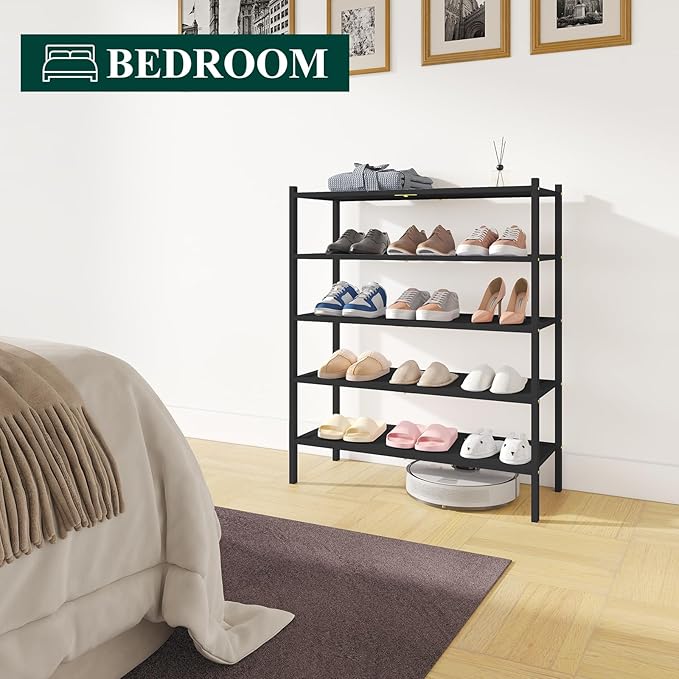 Smiry Bamboo Shoe Rack, 5 Tier Shoe Organizer for Entryway & Closet, Stackable Free Standing Storage Shelf for Shoes, Bags & Plants, Black