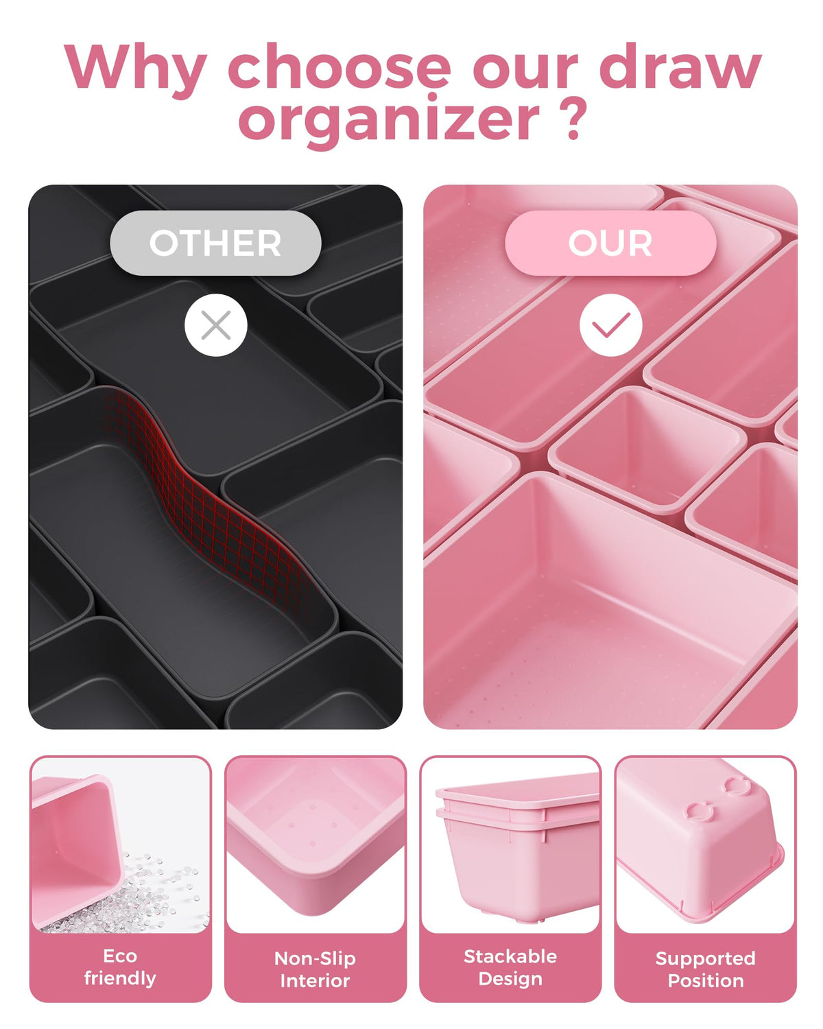BiuLeon 25 PCS Plastic Drawer Organizers Set, 4-Sizes Vanity and Makeup Organizer, Desk and bathroom Drawer Organizer Trays, Organizers and Storage for Makeup, Jewelry, Gadgets, Utensils (Pink)