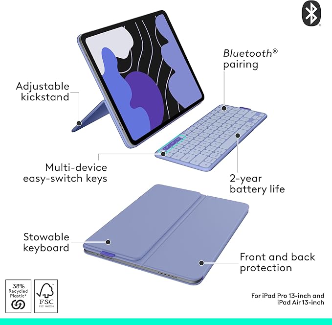 Logitech Flip Folio, Keyboard Case for iPad Pro 13-inch (M4 & M5) & iPad Air 13-inch (M2, M3 & M4) (2024, 2025 & 2026) - Protective & Stowable Bluetooth Keyboard Case, Multi-Device - Lilac