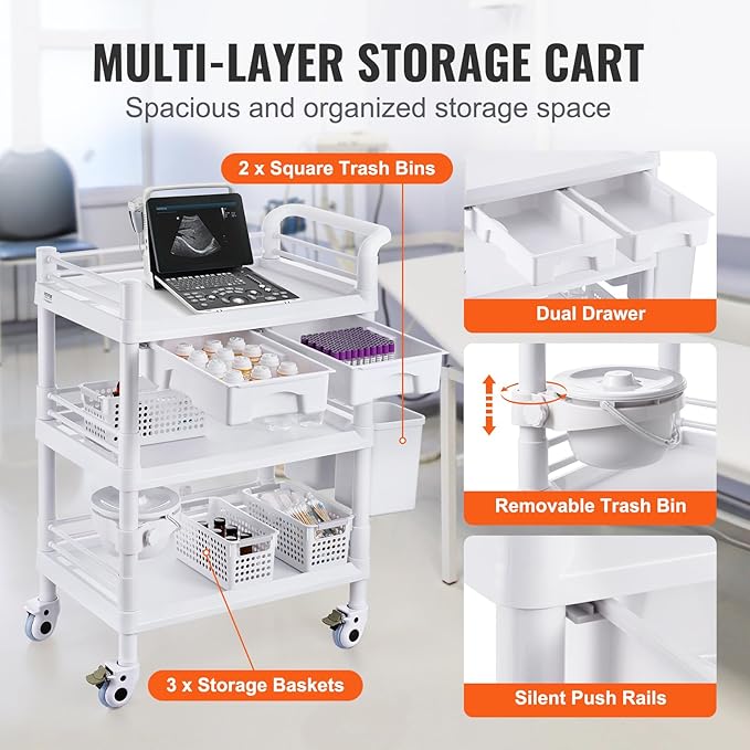 VEVOR Medical Mobile Trolley Cart with 2 Drawers & 3 Trash Cans, 3 Tiers Beauty Salon Rolling Trolley with 4 Silent Wheels & 2 Dirts Bucket & Bowl, Medical Utility Cart for Hospital Dental Clinic Lab