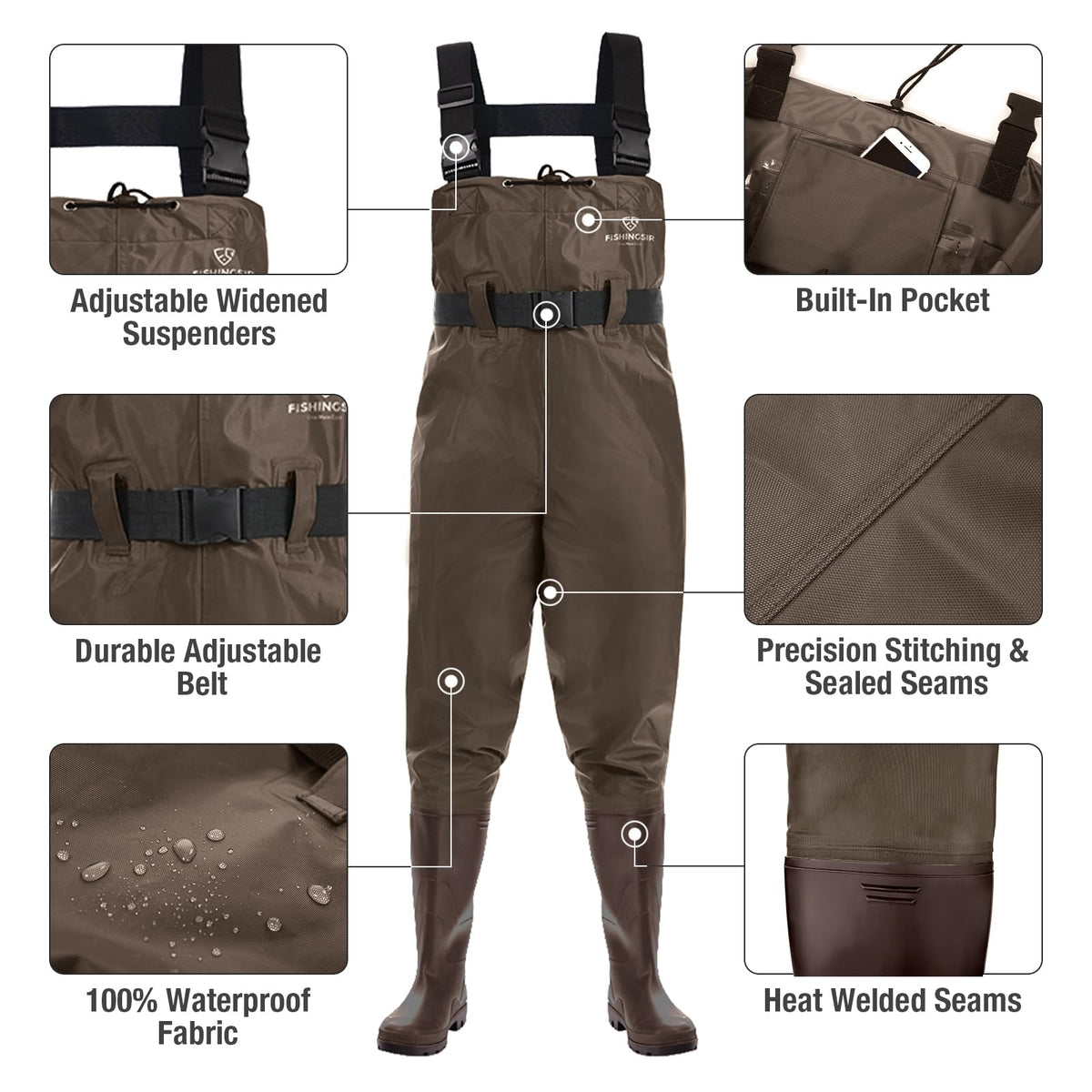 FISHINGSIR Fishing Waders for Men, 2-Ply Nylon/PVC Waterproof Women Chest Wader with Boots, Bootfoot Hunting Waders Brown