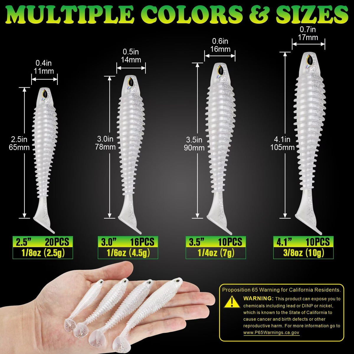 LUCKYFISHING Paddle Tail Swimbaits 10 PCS Fishing Lures Soft Plastic Lures for Trout Crappie Walleye Soft Baits for Bass Fishing Freshwater Saltwater 3.5 Inch