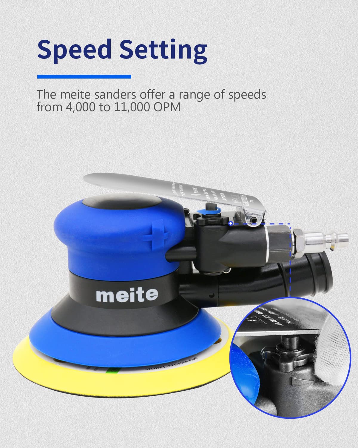 meite Random Orbital Sander 5 Inch Pad with Dust Collection System, DA Palm Sander with Variable Speed & Low Vibration, Ergonomic Pneumatic Air Sander for Professional & DIY Woodworking