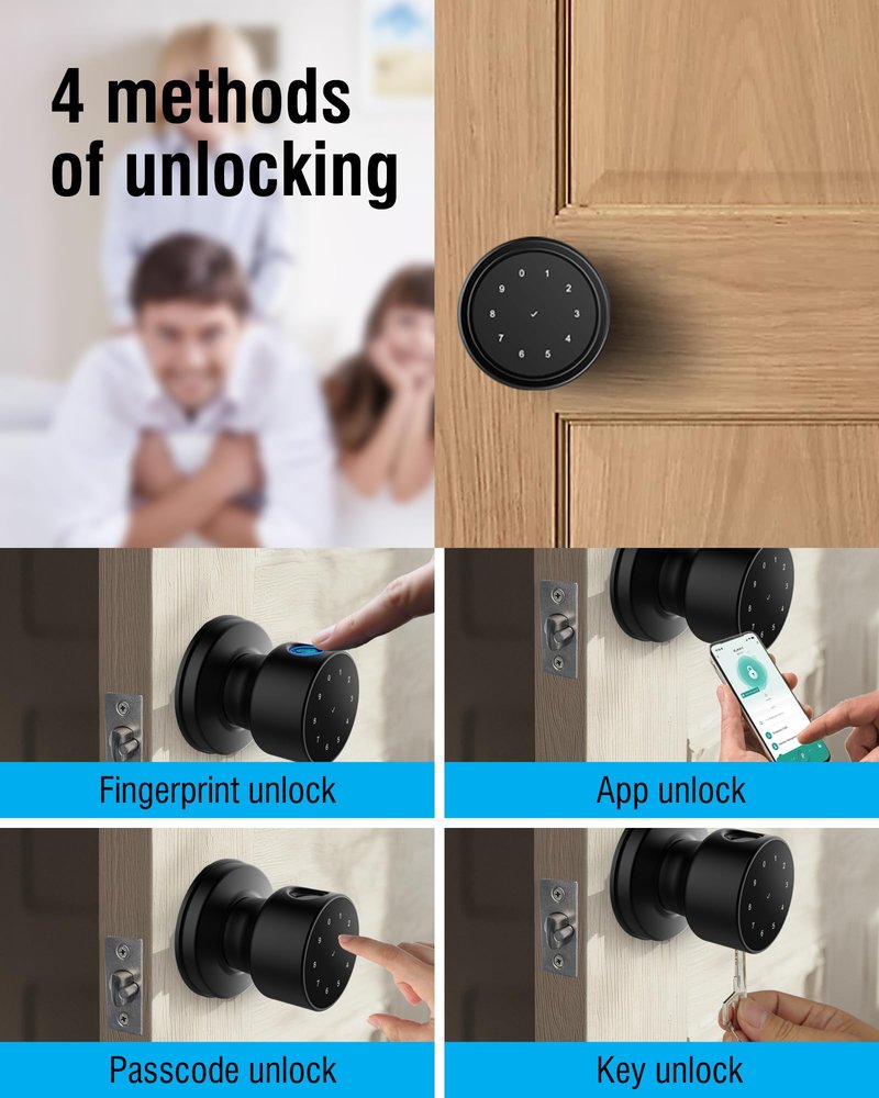 ADWUMAONG 5-in-1 Smart Fingerprint Door Knob with Keypad, Bluetooth/APP Control, Keyless Entry Door Lock, Easy No-Drill Installation for Front Door, Bedroom, Office