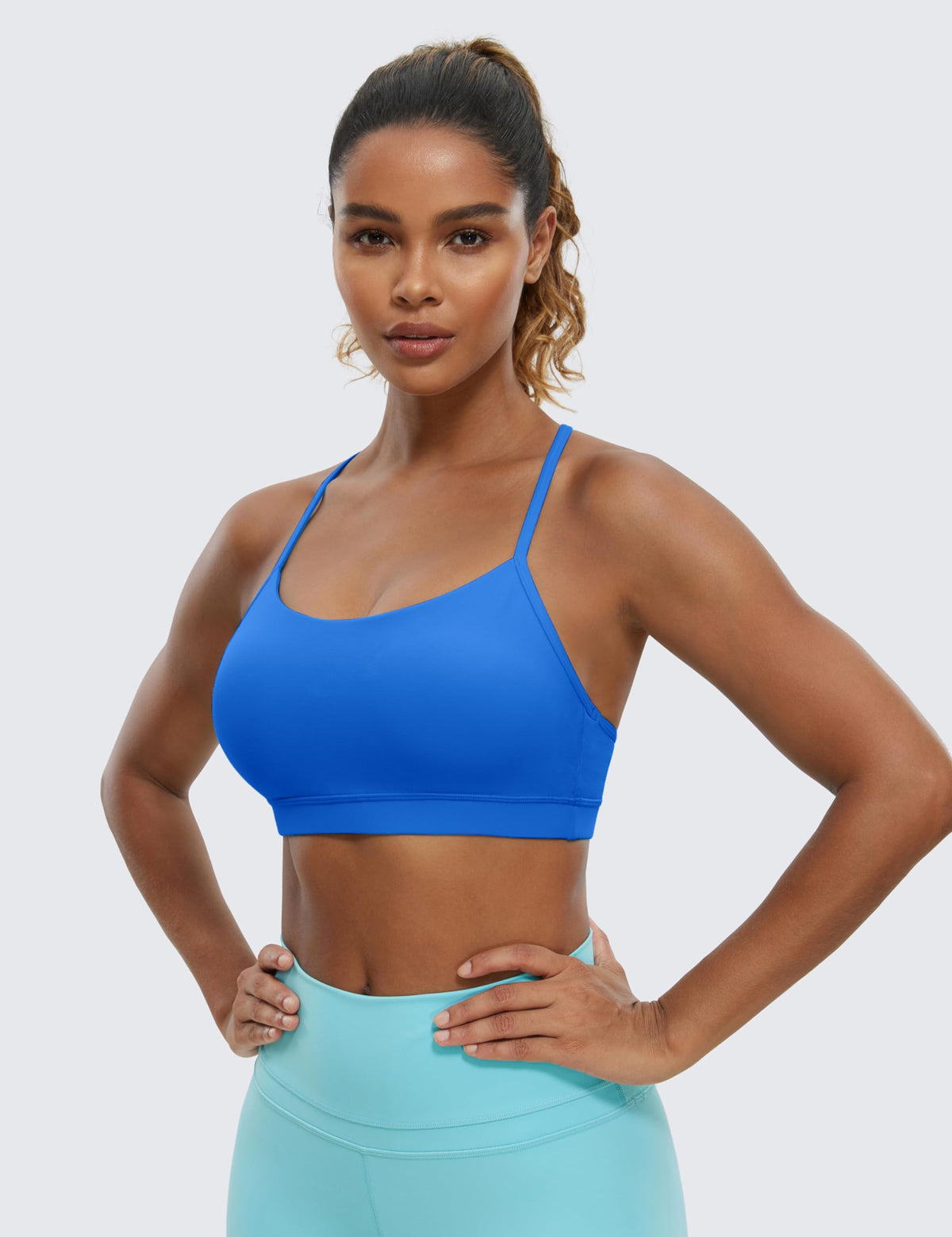 CRZ YOGA Butterluxe Womens Y Back Sports Bra - Padded Racerback Low Impact Spaghetti Thin Strap Workout Yoga Top Sparkle Blue Large