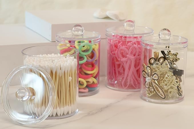 4 Pack Acrylic Qtip Holder Dispenser,Canisters Apothecary Jar Set, Bathroom Organizers and Storage,10 oz with 1Gap