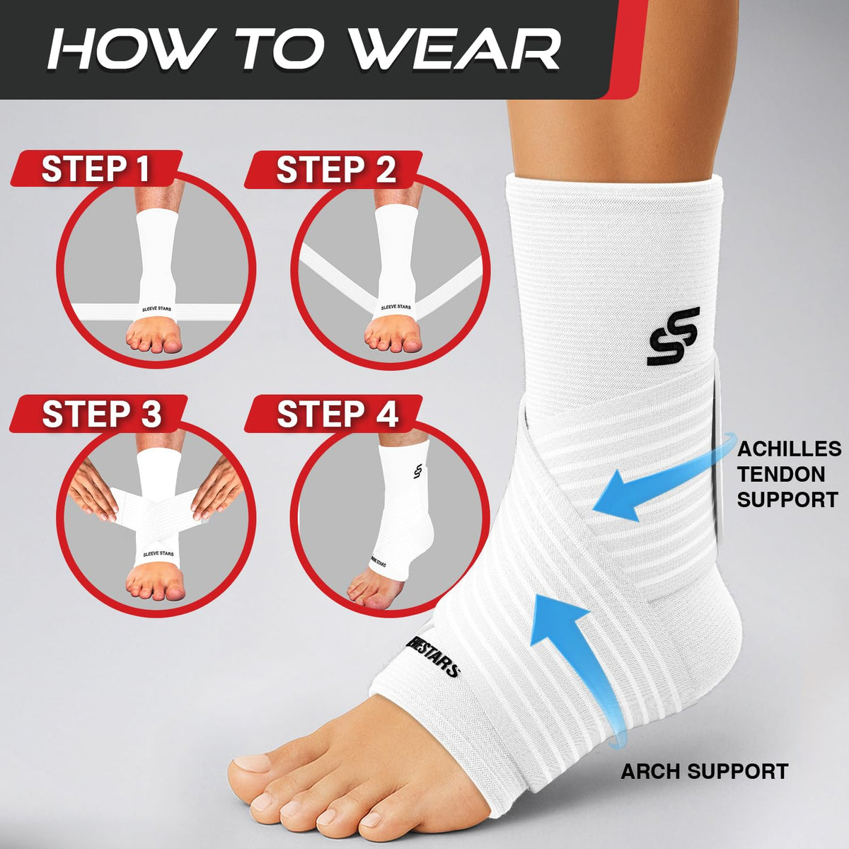 Sleeve Stars Ankle Brace for Women & Men, Ankle Wrap for Sprained Ankle, Compression Sleeve for Plantar Fasciitis Relief, Easy Customizable Support: w/Removable Strap (Single/M:10"-12"/White)