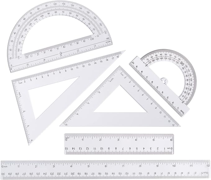6-Piece Clear Math Geometry Set with 12-Inch and 6-Inch Rulers, 2 Triangles, 2 Protractors