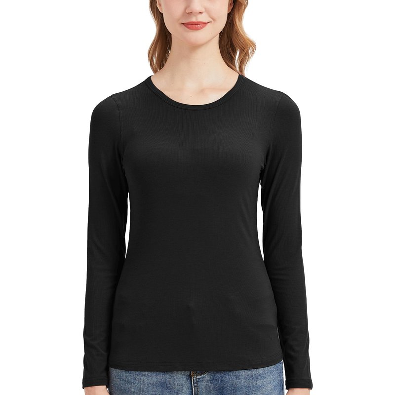netdraw Women's Buttery Soft Ribbed Bamboo Viscose Long Sleeve T-Shirt Crew Neck Casual Tops Slim Fitted Thermal Undershirt, Black, Medium