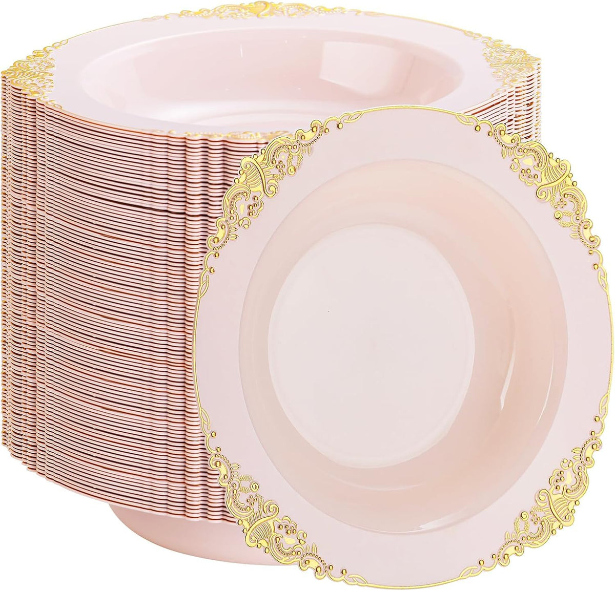 Joyido 100PCS Gold Plastic Bowls - 12 oz White Disposable Salad Bowls - Heavy Duty Soup Serving Bowl - Fancy Plastic Ice Cream Bowl for Parties, Dinners, Catering, Picnics