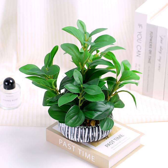 NASAMA Artificial Plants Decor Greenery Potted Fake Plant with Rustic Black Clay Planter for Restaurant Bathroom Bedroom Kitchen Office Table Desk Decor (Height 13")