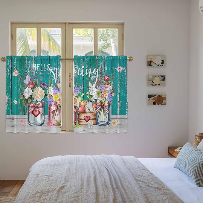 Spring Flowers Kitchen Curtains, Farmhouse Watercolor Teal Wood Grain Light
