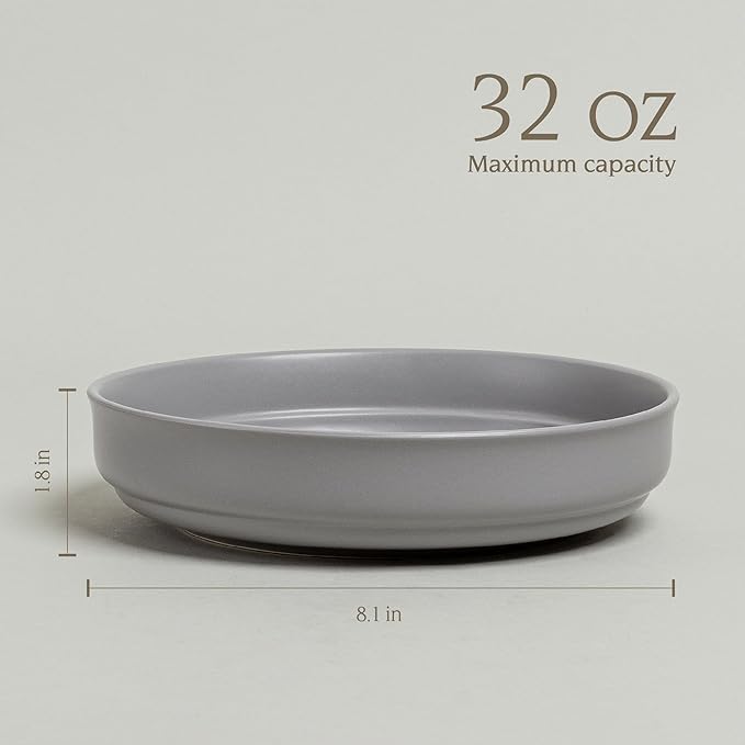 over&back Rim Dinner Bowl Set - Stoneware Dishes - Comes with 4 Dinner Bowls - For Pasta, Salads, and More - Easy-to-Stack All-Occasion Place Settings - 8.1" x 8.1" x 1.8" - 32oz - Semi-Matte Charcoal