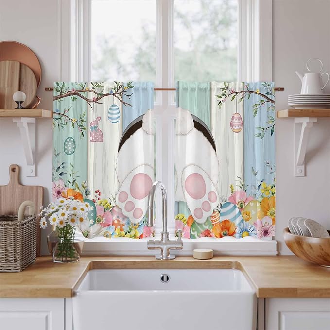 Easter Kitchen Tier Curtains 45 Inch Long 2 Panel Set, Rod Pocket Short Window