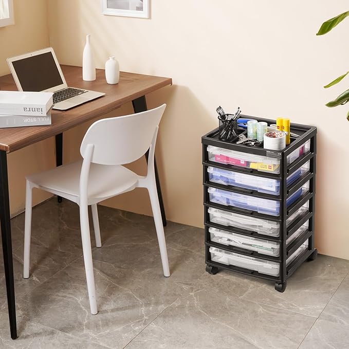 VEVOR Scrapbook Rolling Storage Cart, 6-Tier Large Capacity with Organizer Top, Black Frame with 4 Removable Wheels, PP Material Cart Only, Rolling Craft Storage for Office Arts and Crafts Supplies