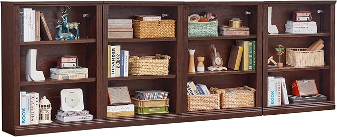 43" Walnut Tall Bookshelf Set of 4,3-Tier Thick Wooden Book Shelf with Adjustable Shelves,Free Standing Farmhouse Bookcase with Open Display Storage,Floor Vintage Bookshelves for Living Room
