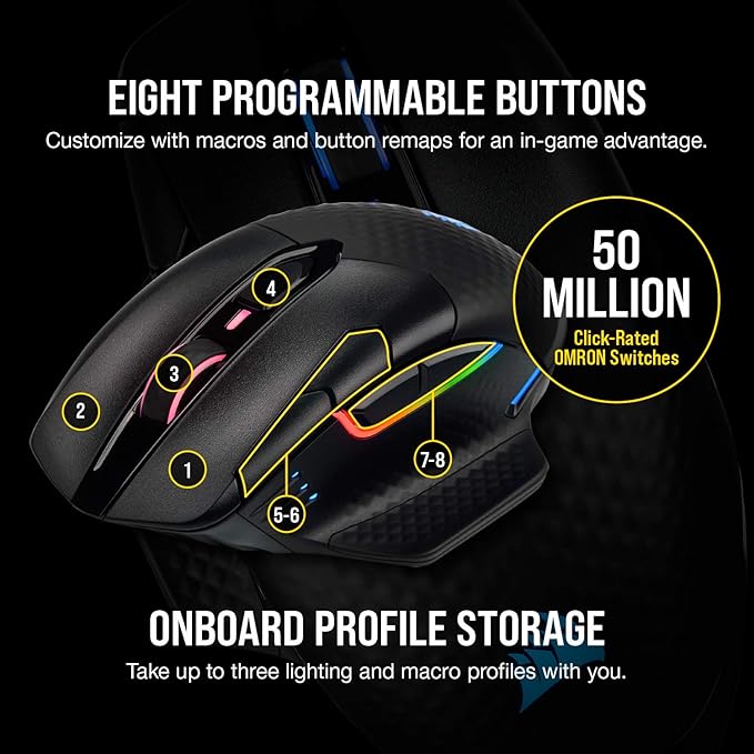 Corsair Dark CORE RGB PRO SE Wireless FPS/MOBA Gaming Mouse with Qi Charging – 18,000 DPI – 8 Programmable Buttons – Sub-1ms Wireless – iCUE Compatible – PC, Mac, PS5, PS4, Xbox – Black