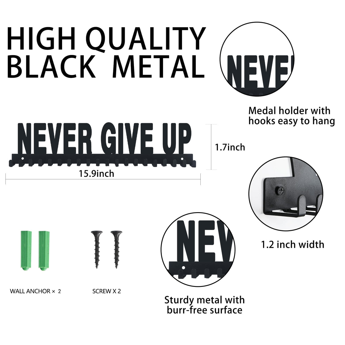 Goutoports Medal Holder Display Hanger Rack Frame for Sport Race Runner-Never Give Up - Sturdy Black Steel Metal Over 60 Medals Easy to Install-HOL30