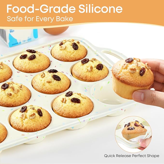 Spmarkt 2-Pack 12-Cup Silicone Cupcake Pan, Nonstick Flexible Muffin Pan, Dishwasher Safe Muffin Tray with Handles, Seamless Silicone Muffin Tin for Baking Egg Bites & Cupcakes