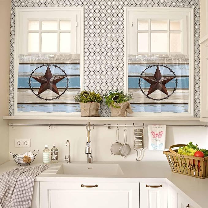 Vintage Western Star on Wood Grain Window Valance Curtains, Retro Wooden