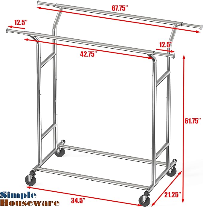 Simple Houseware Heavy Duty Double Rail Clothing Garment Rack, Holds Up to 200 lbs, 43 to 67 Inches Extendable Rod, Chrome