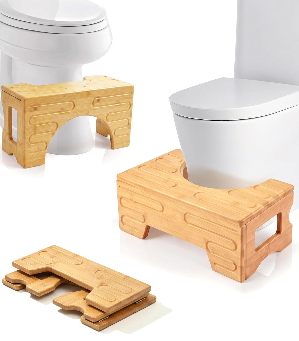Foldable Toilet Stool–Squat Stool for Bathroom,Bamboo Potty Stool for Toddler,Teens & Adults,Adjustable 7" & 9" Heights Flip Design,Compact Space-Saving Poop Stool for Small Bathroom (Natural Color)