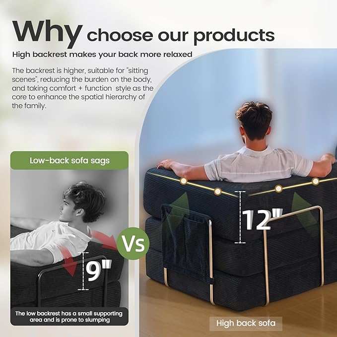Folding Sofa Bed Convertable Corduroy Couch King Size Floor Sleeper 4-in-1 DIY Combination sofabed Fold Out Futon Lounge Comfy Foldable couches cama for Living Room (Green, 80.15")