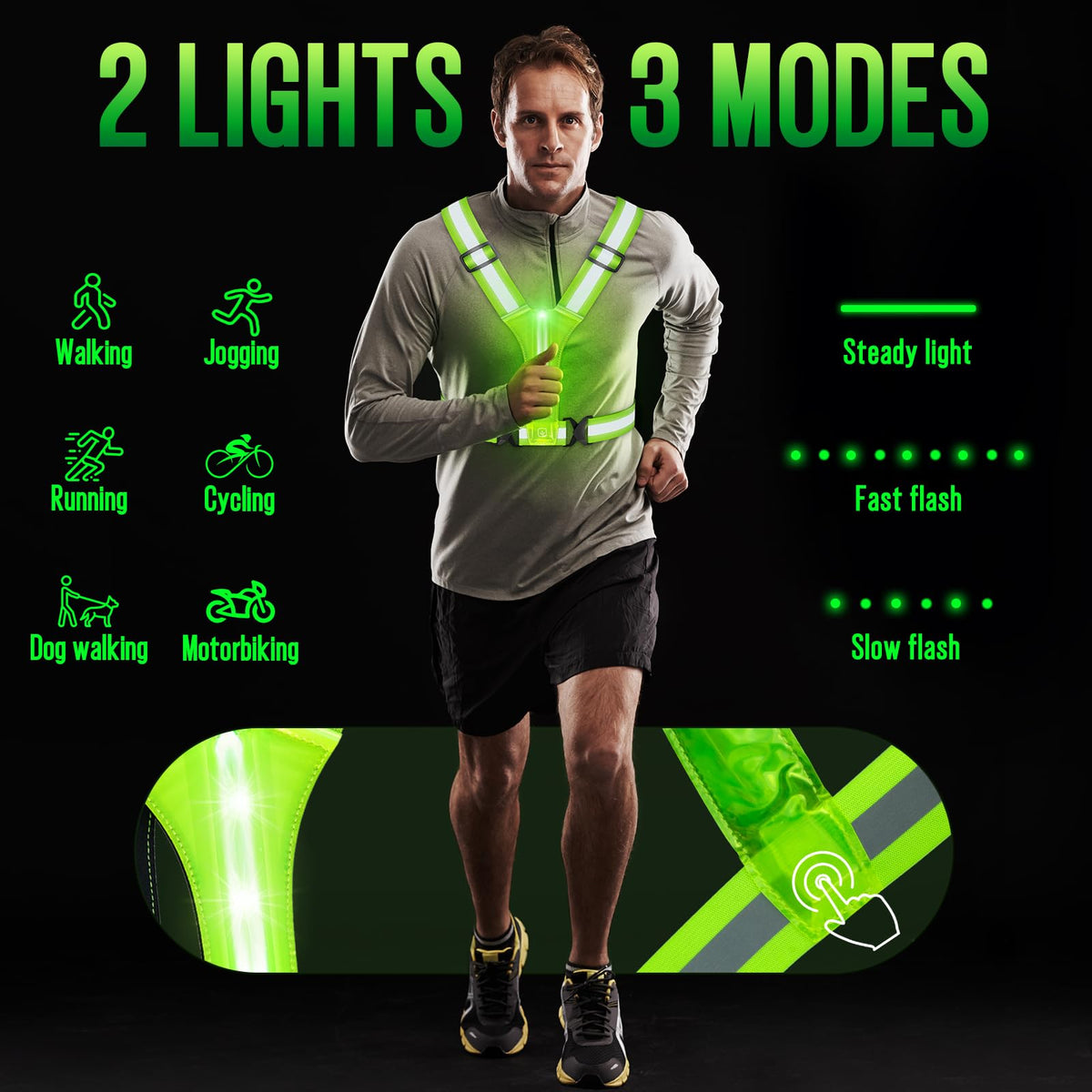 LED Reflective Vest Running Gear, Lights Up Vest Rechargeable, High Visibility Reflective Running Gear for Night Walking Cycling Jogging