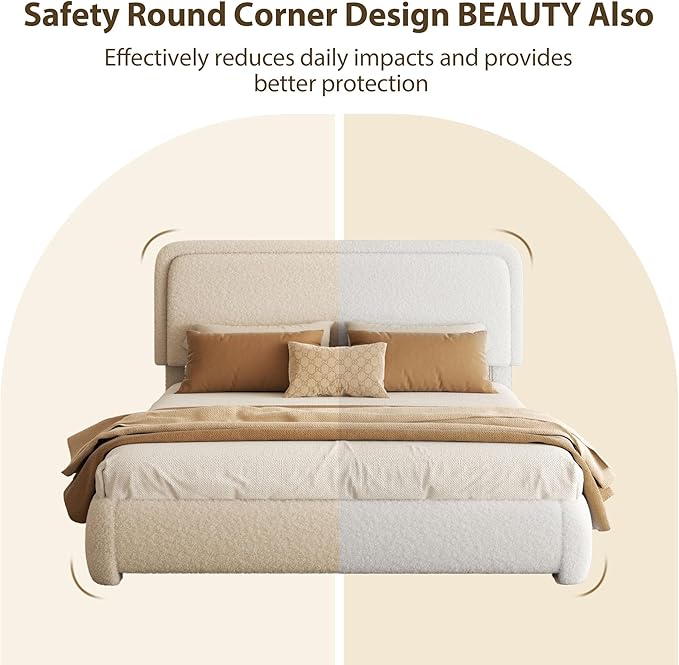 King Bed Frame, Teddy Velvet Boucle Bed Frame with 43.3"/45.3" Adjustable Upholstered Headboard, Rounded Corners, Mattress Foundation, No Box Spring Required, White