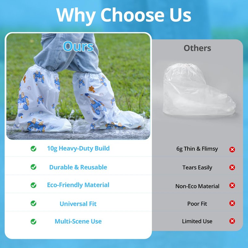 10-Pack Kids' Rain Shoe Covers - Waterproof, Dinosaur Pattern, 13.78×11.02 in, Fits Ages 3-8, Ideal for Rainy Days & Outdoor Activities