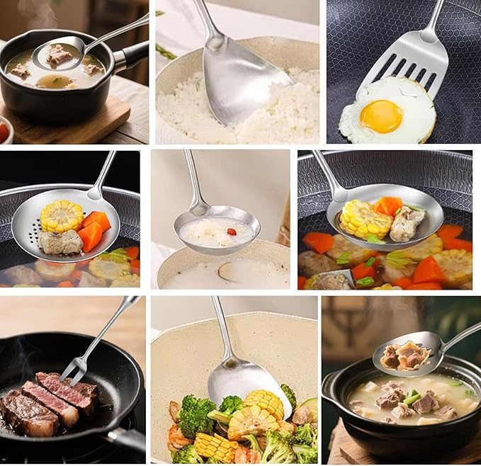 18/10 Stainless Steel Cooking Utensils Set 9 Pack Metal Kitchen Utensil, Spatula, Serving Soup spoon, Leaking shovel, Ladle, Tunner, Pasta Server, Meat Fork Kitchen Tools Set
