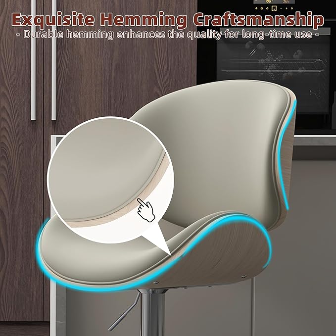 civama Bar Stools Set of 4 for Kitchen Counter, Adjustable Bar Height Chairs, Modern Swivel Barstools with Bentwood Seat and Back with Footrest for Kitchen Island, Dining Room, Grey PU Leather