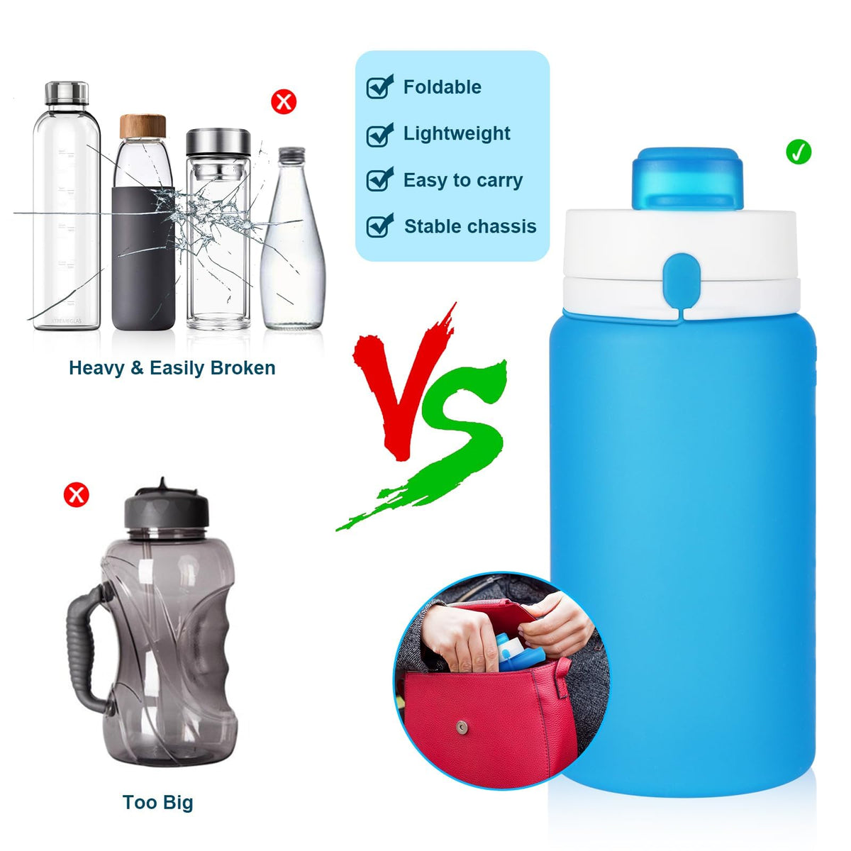 2 Pack Collapsible Water Bottles, 19oz Foldable Silicone Travel Bottles