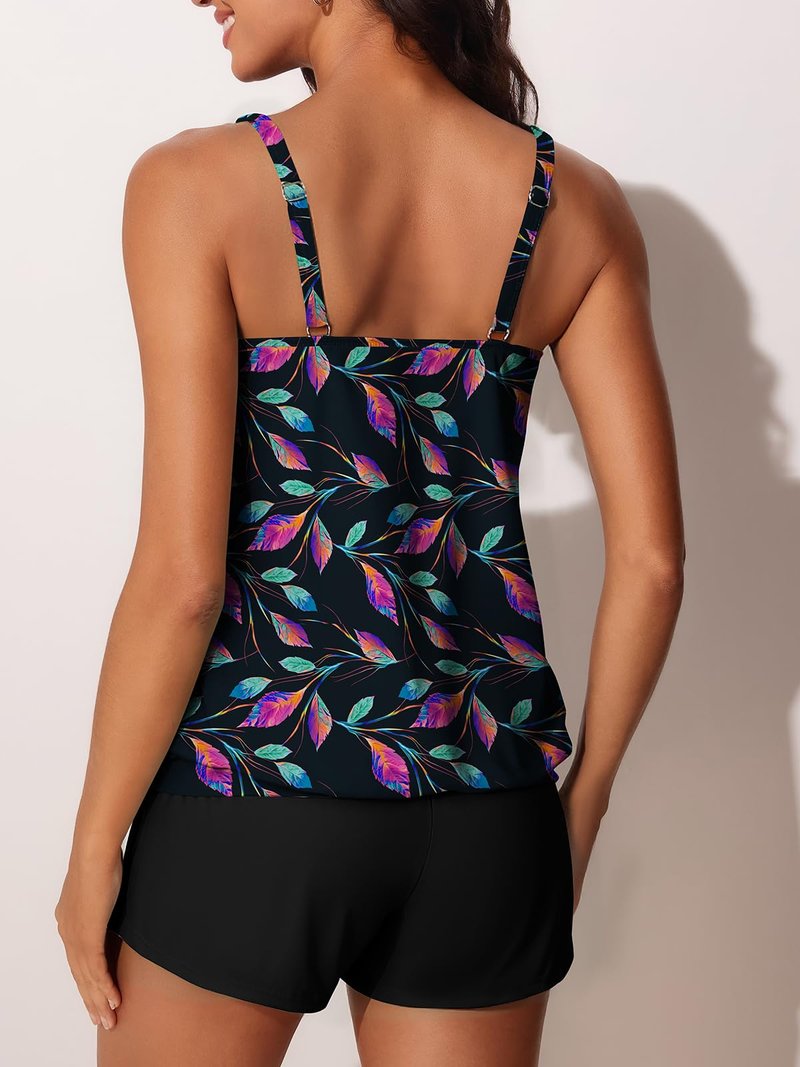Summer Mae Blouson Womens Tankini Swimsuits 2026 Modest Tummy Control Bathing Suits Swim Shorts with Pockets for Beach Iridescent Leaf Size 16