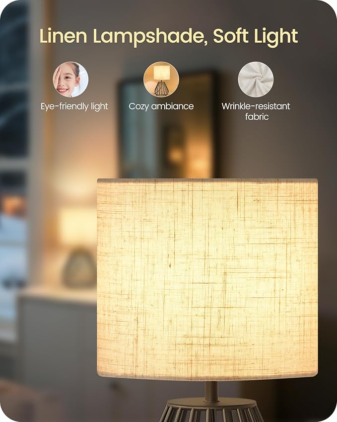 Small Bedside Table Lamp, Black Table Lamp with Metal Cage & Linen Lampshade, Modern Cute Desk Lamp, Cozy Nightstand Lamp for Bedroom, Living Room, Office, 2700K LED Bulb Included, E06TL05