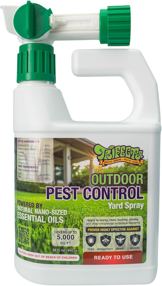 Trifecta Outdoor Pest Control | Natural mosquito repellent, tick, gnat, & mosquito backyard control | Pet & Kid Safe | Hose-End pest control spray for Lawns, Trees, Bushes, Patios & More (32oz 1-Pack)