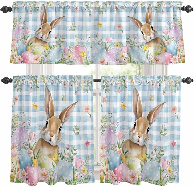 Kitchen Curtains Tiers and Valance Set of 3, Easter Light Filtering Window