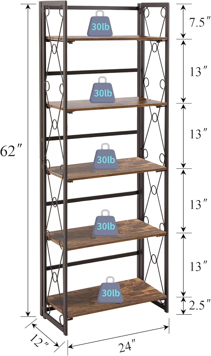 VECELO Folding Bookshelf 5-Tier,Industrial Metal Frame & Wood Shelves,Foldable Bookcase Easy Assembly Free Standing Tall Storage Organizer for Living Room,Office,Bedroom