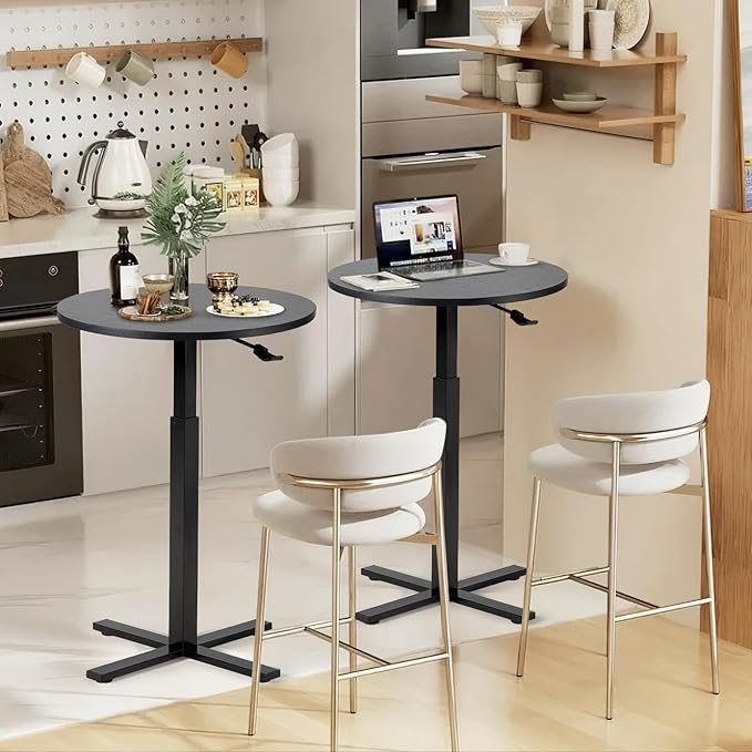 Round Cocktail Bar Table,Height-Adjustable Round Pub Table 23.8 Inches with Removable Wheel,Dual-Use for Kitchen, Coffee Bar, Pub, Office or Dining (Black), Set of 1