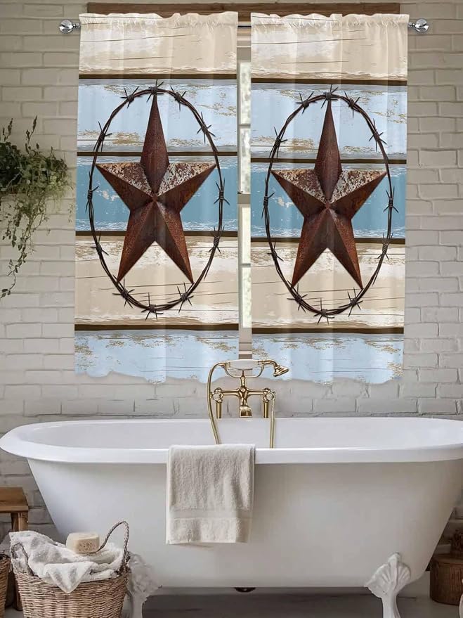 Vintage Western Star on Wood Grain Window Valance Curtains, Retro Wooden