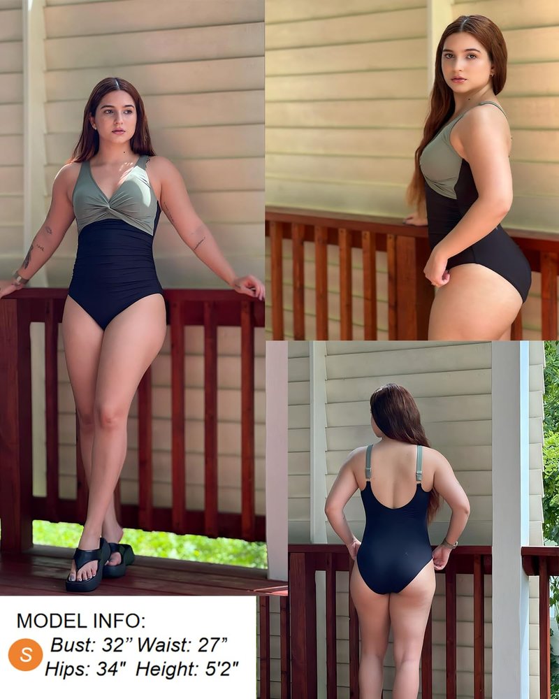 Holipick Green and Black Women Tummy Control One Piece Swimsuit - Push Up Bathing Suit Full Coverage Slimming Swimwear M