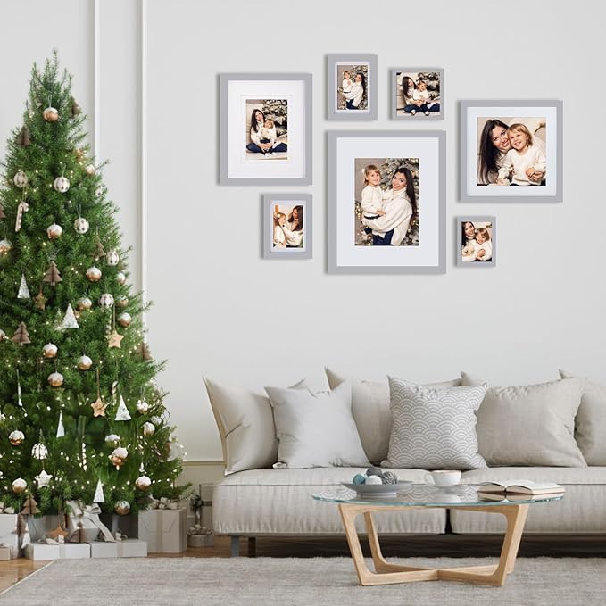 Egofine 11x14 Picture Frame Made of Solid Wood with Plexiglass, Display Pictures 5x7/8x10 with Mat or 11x14 Without Mat, for Table Top Display and Wall Mounting Photo Frame, Light Grey