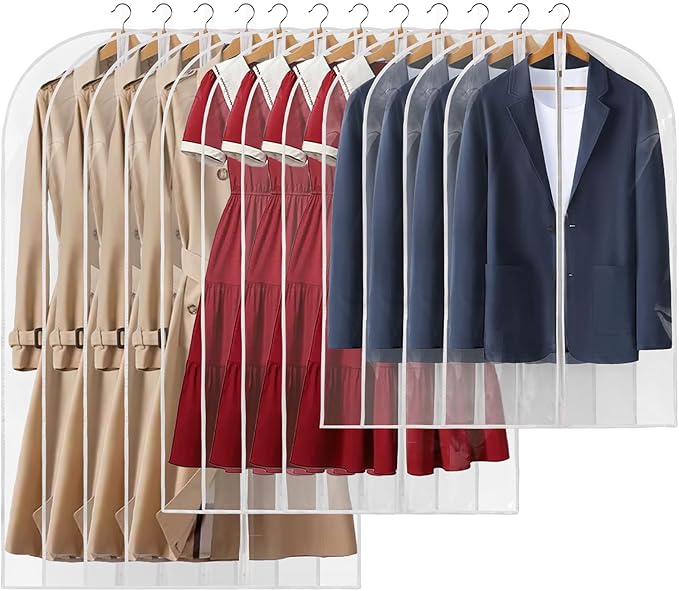 12 Packs All Clear Garment Bags for Hanging Clothes, Suit Bags for Closet Storage, Plastic Waterproof Suit Cover Bags with Zipper for Coats, Jackets, Dresses (24" x 40" & 48" & 55")