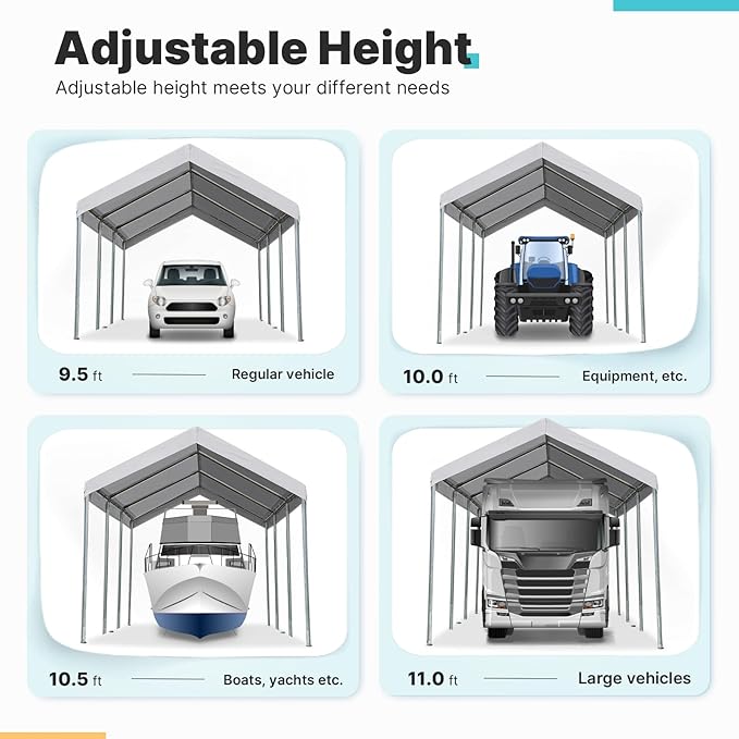 ADVANCE OUTDOOR 10x20 ft Heavy Duty Carport Potable Car Canopy Garage Party Tent Boat Shelter, Adjustable Height from 9.5 ft to 11 ft, Gray
