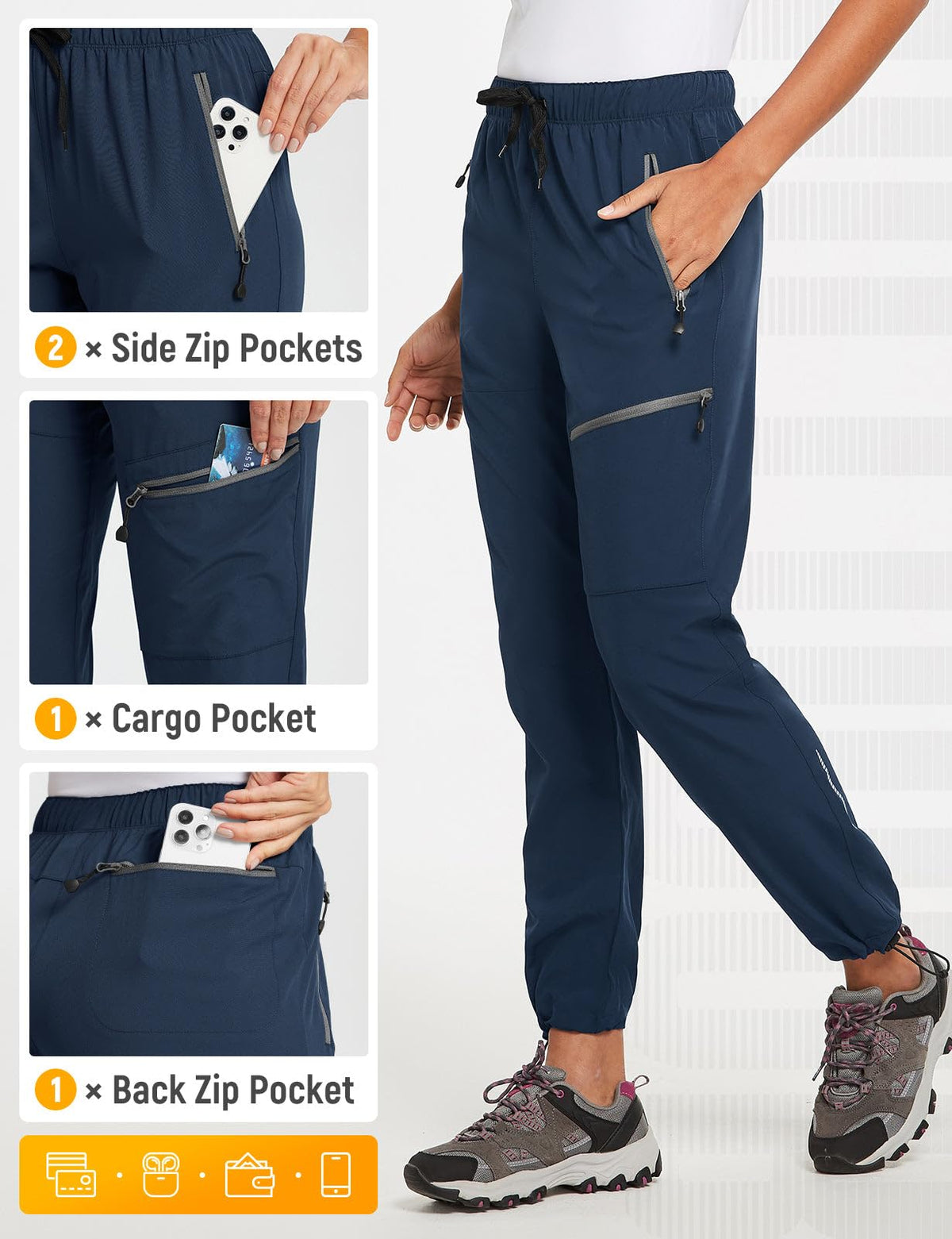 baleaf Cargo Pants for Women Petite Joggers Lightweight Quick Dry Pant Water Resistant 27'' Travel Workout Athletic Navy Blue Size S